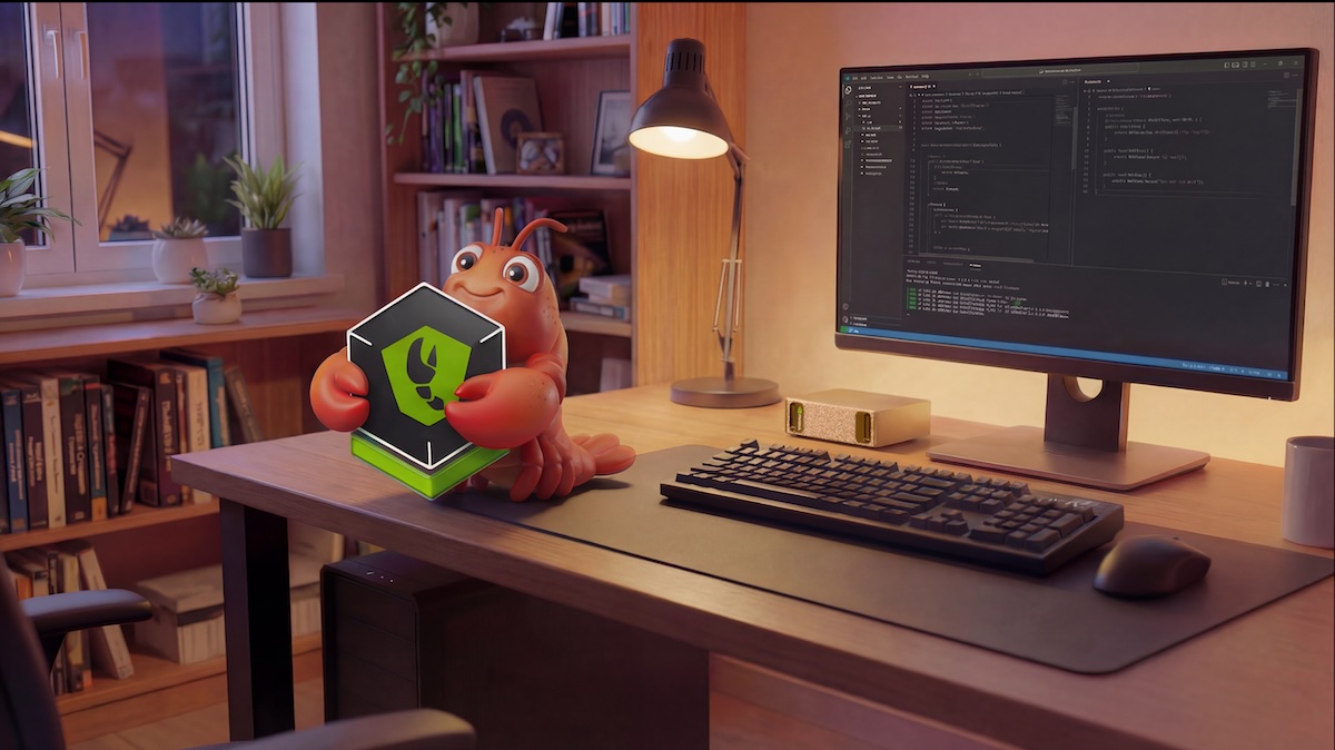 A NemoClaw mascot holding the OpenShell shield beside a local AI workstation.